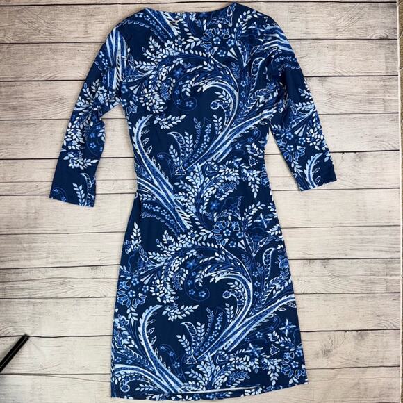 J. McLaughlin Women's Blue Paisley Midi Dress with Boat Neck and 3/4 Sleeves XS - Picture 7 of 7